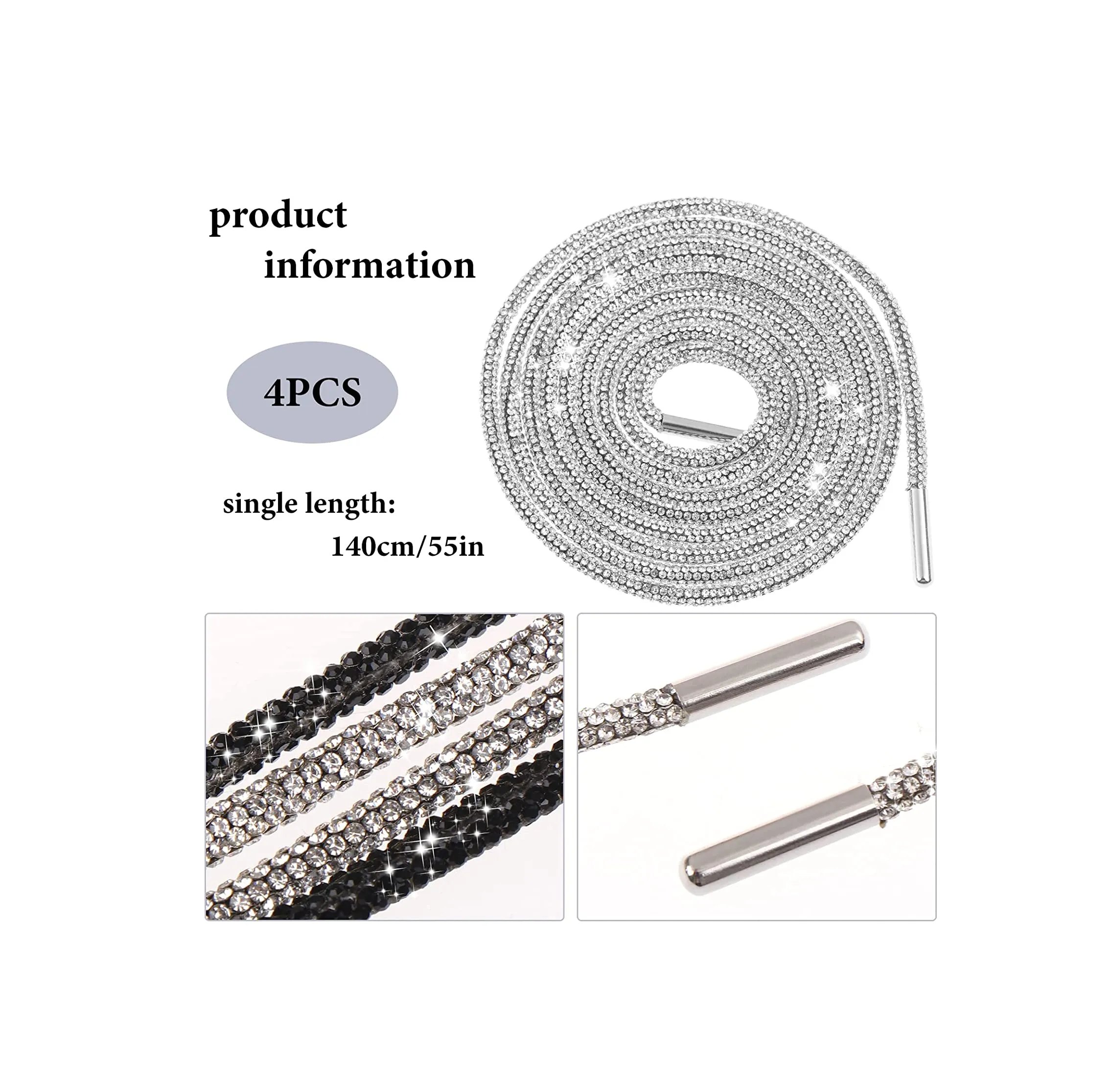 4 Pieces Rhinestone Glitter Rope 55'' Shoelaces Crystal Shoe Laces Bling Bling Drawstring Cords Replacement Shiny Round Shoe Laces