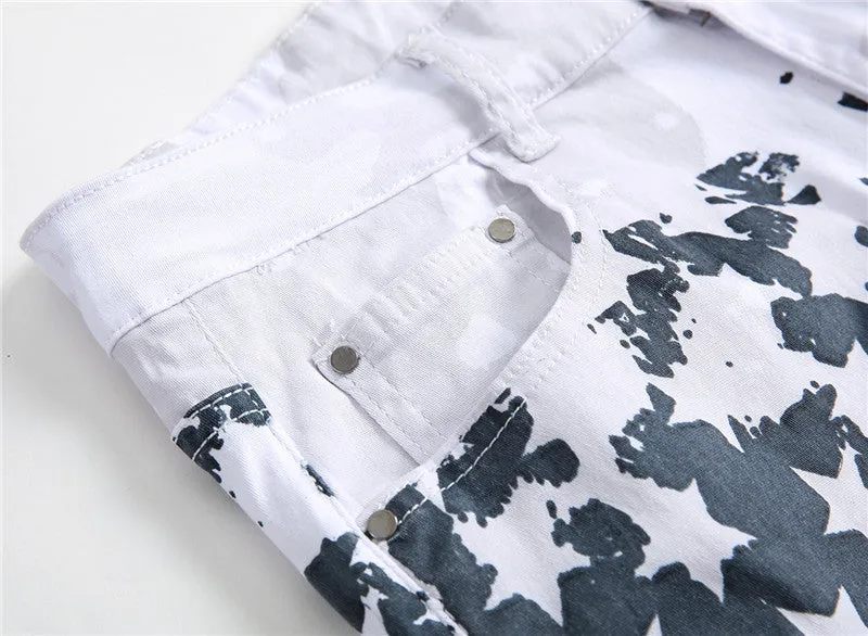 Casual Denim Pants Printed Mid Waist Jeans Street Style Straight Pants