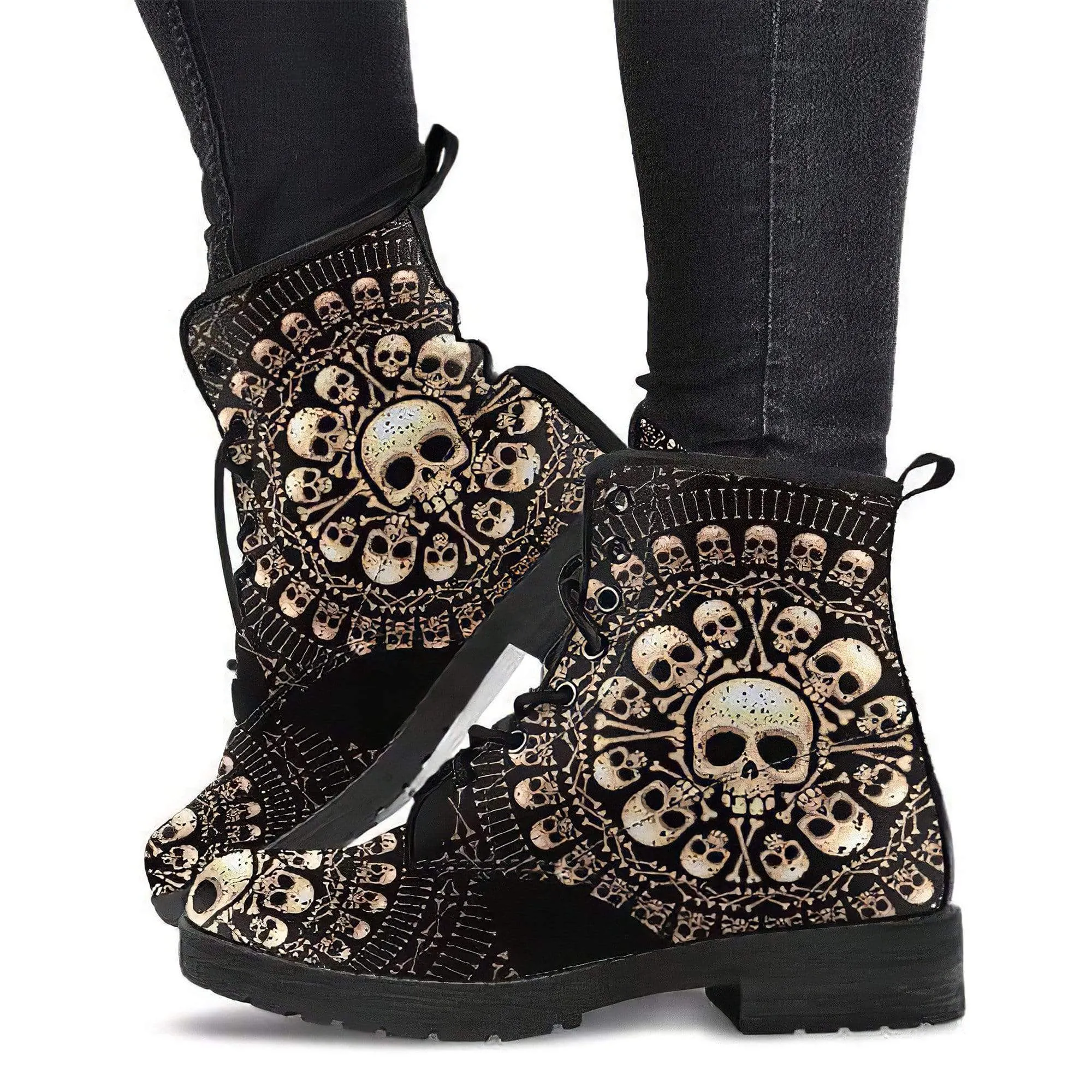 Combat Boots for Women - Skulls Bones | Unique Custom Faux Leather Shoes, Cruelty-free Vegan Handmade Lace Up