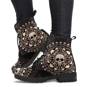 Combat Boots for Women - Skulls Bones | Unique Custom Faux Leather Shoes, Cruelty-free Vegan Handmade Lace Up