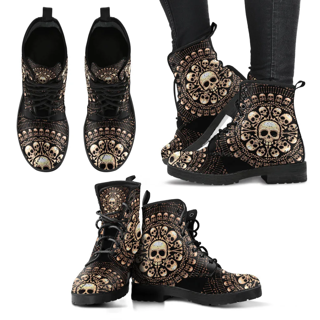 Combat Boots for Women - Skulls Bones | Unique Custom Faux Leather Shoes, Cruelty-free Vegan Handmade Lace Up