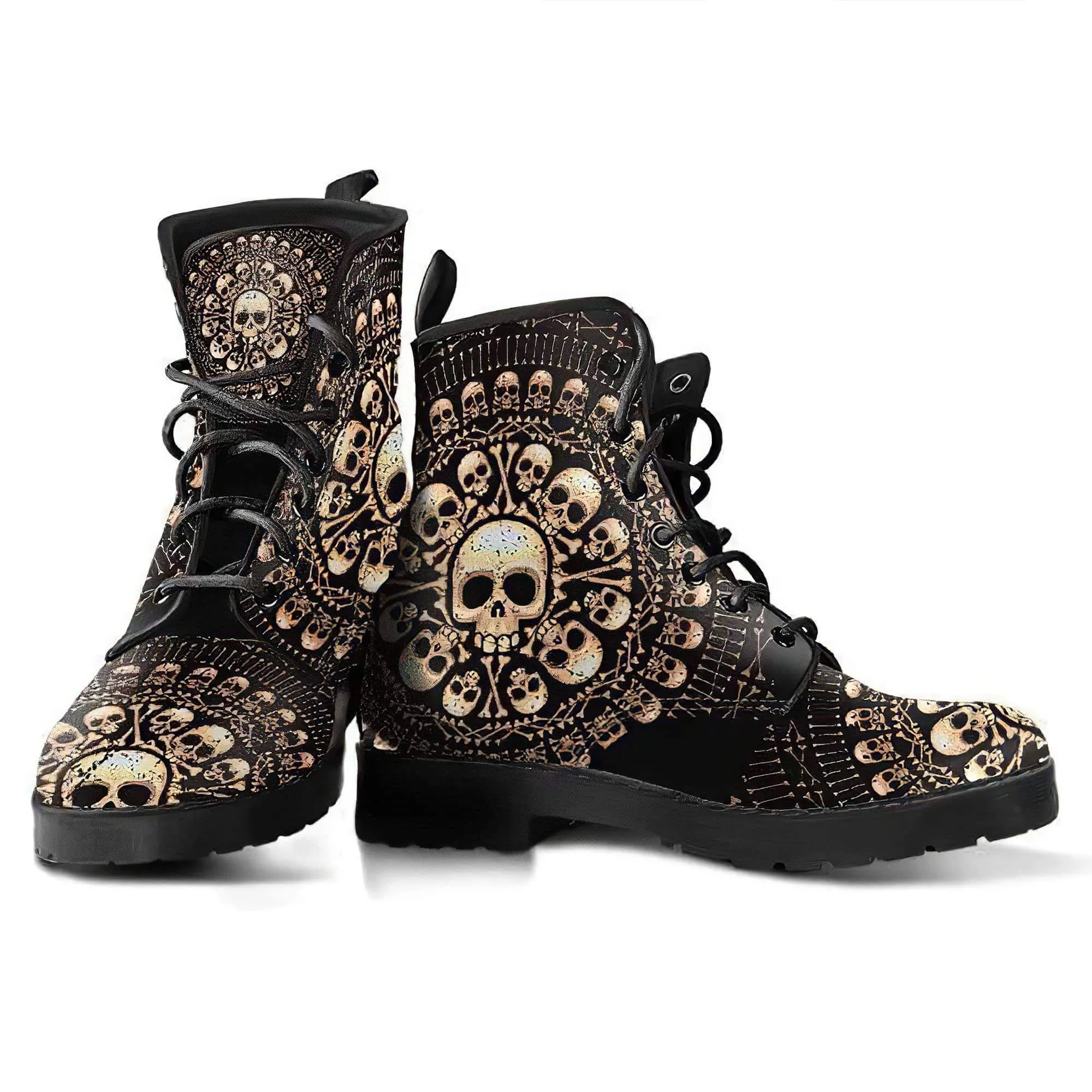 Combat Boots for Women - Skulls Bones | Unique Custom Faux Leather Shoes, Cruelty-free Vegan Handmade Lace Up