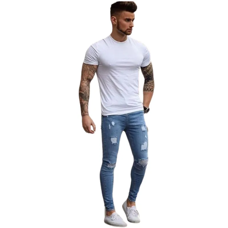 Elasticity Men's Ripped Jeans Skinny For Mid Waist Jeans Pencil Pants