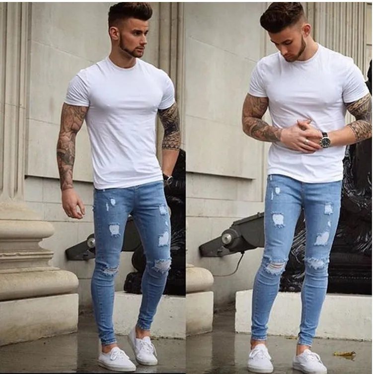 Elasticity Men's Ripped Jeans Skinny For Mid Waist Jeans Pencil Pants