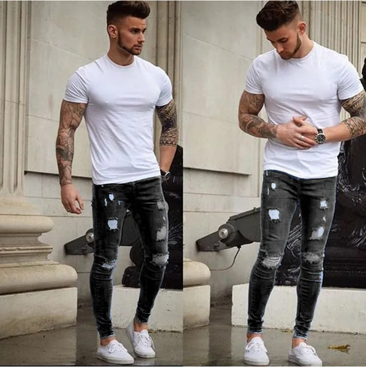 Elasticity Men's Ripped Jeans Skinny For Mid Waist Jeans Pencil Pants