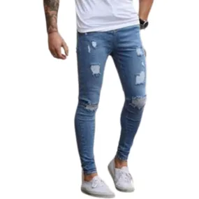 Elasticity Men's Ripped Jeans Skinny For Mid Waist Jeans Pencil Pants