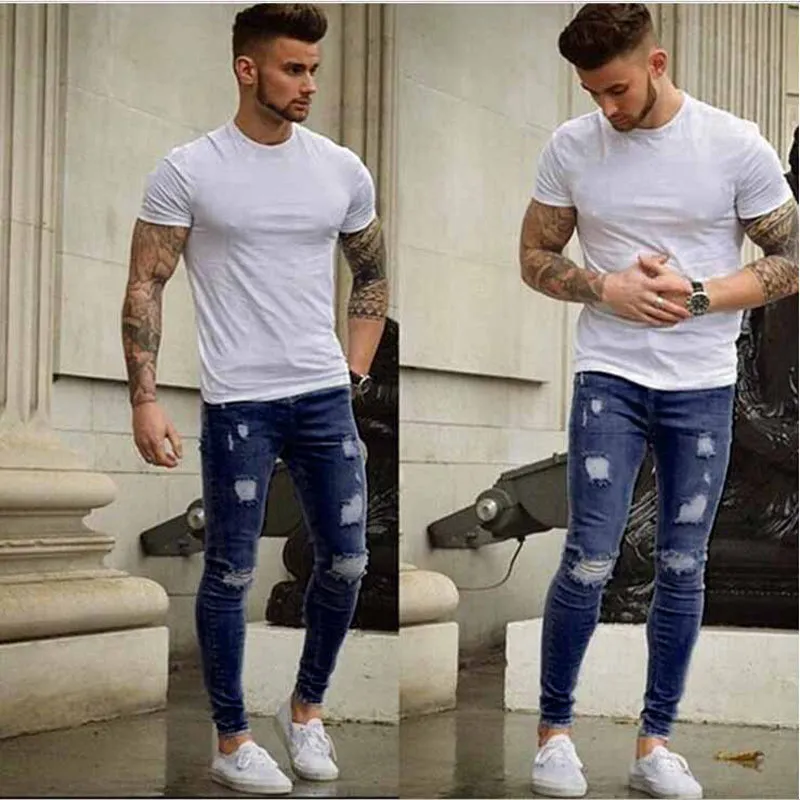 Elasticity Men's Ripped Jeans Skinny For Mid Waist Jeans Pencil Pants