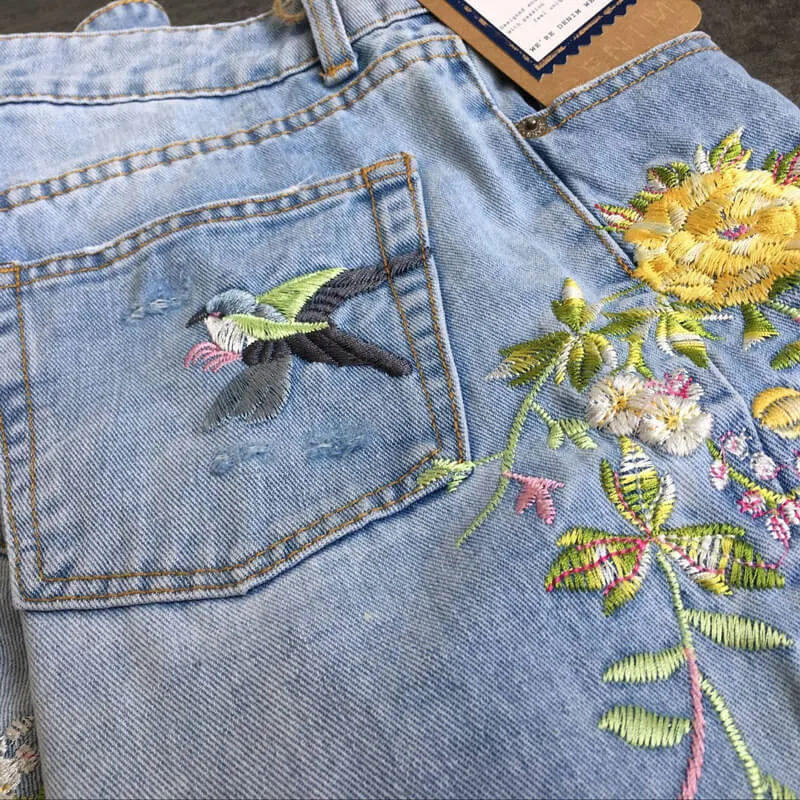 Embroidered Jeans High Waist Women's Jeans Long Straight Pants