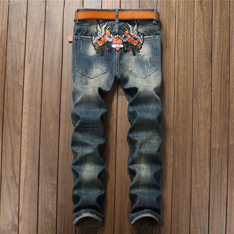 Embroidery Rose Fit Slim Men's Jeans Mid Waist Straight Pants