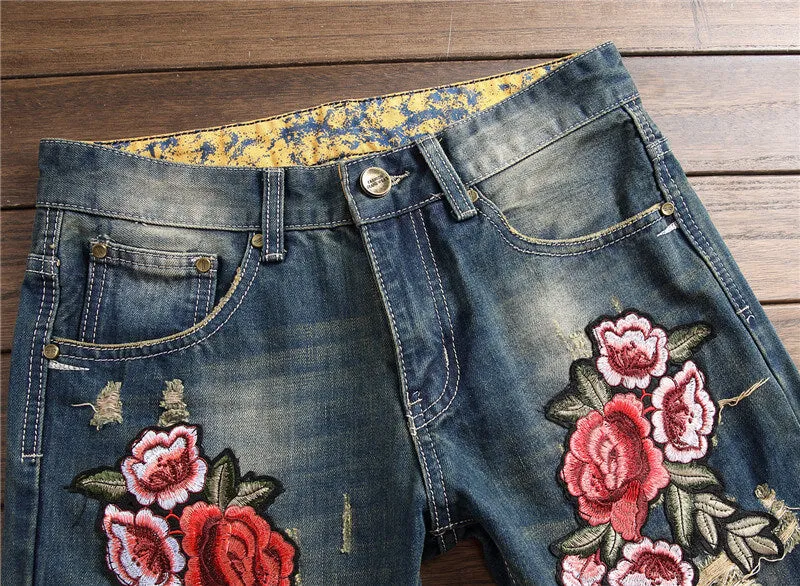 Embroidery Rose Fit Slim Men's Jeans Mid Waist Straight Pants