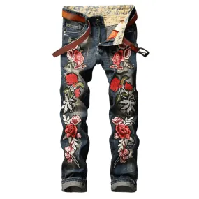 Embroidery Rose Fit Slim Men's Jeans Mid Waist Straight Pants