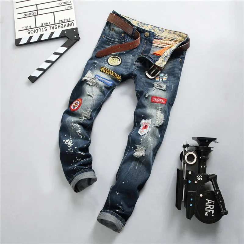 Fashion Men's Ripped Jeans Streetwear Mid Waist Jeans Straight Pants