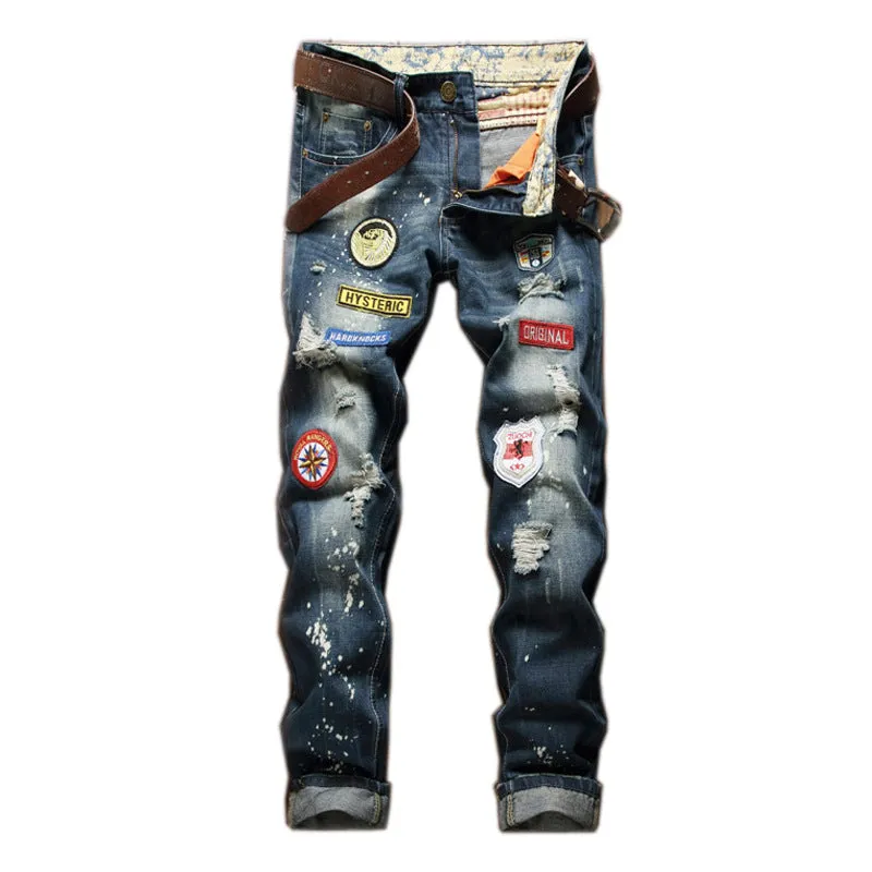 Fashion Men's Ripped Jeans Streetwear Mid Waist Jeans Straight Pants
