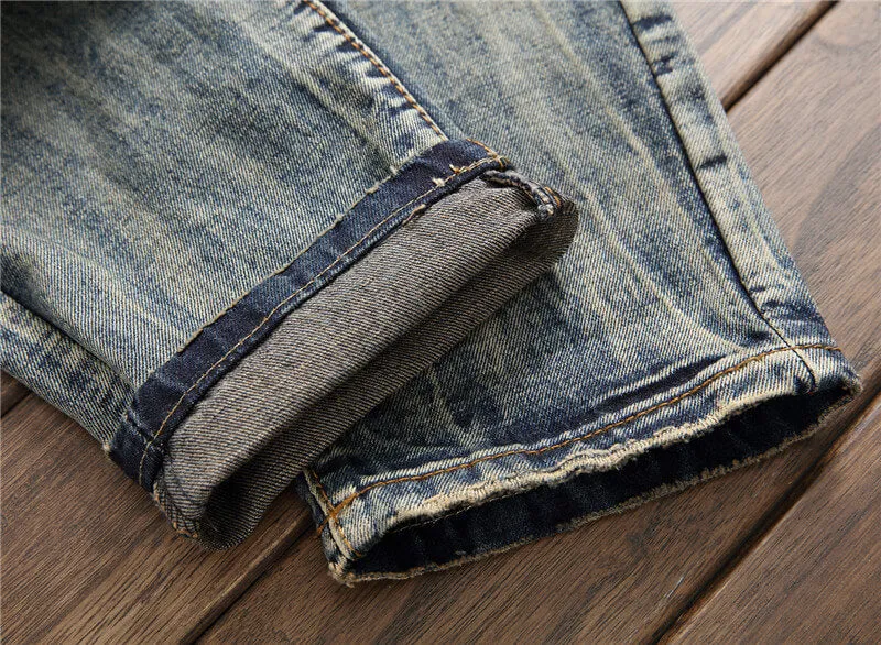 Fashion Patchwork Vintage Men's Jeans Mid Waist Straight Pants