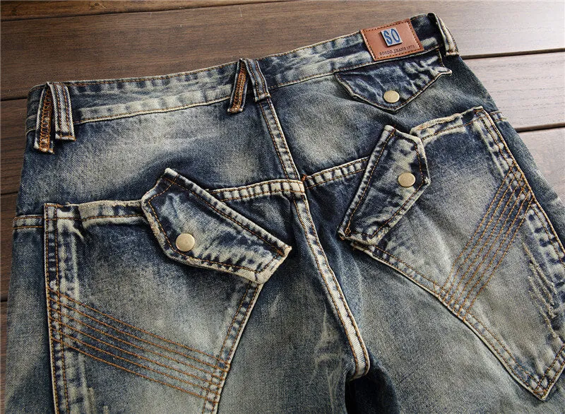 Fashion Patchwork Vintage Men's Jeans Mid Waist Straight Pants