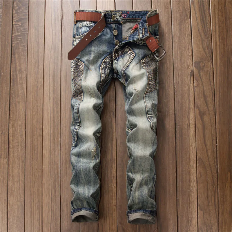 Fashion Patchwork Vintage Men's Jeans Mid Waist Straight Pants