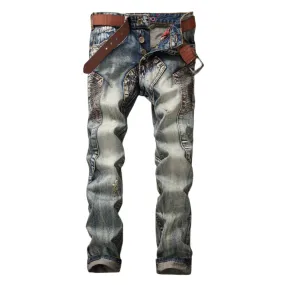 Fashion Patchwork Vintage Men's Jeans Mid Waist Straight Pants