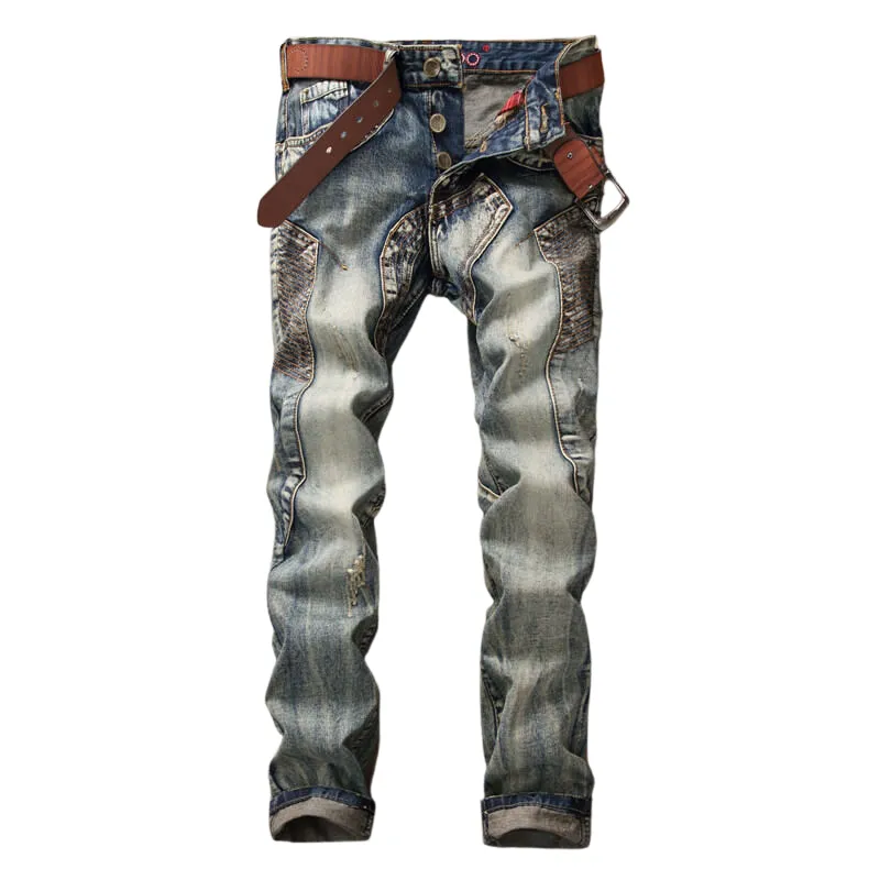 Fashion Patchwork Vintage Men's Jeans Mid Waist Straight Pants