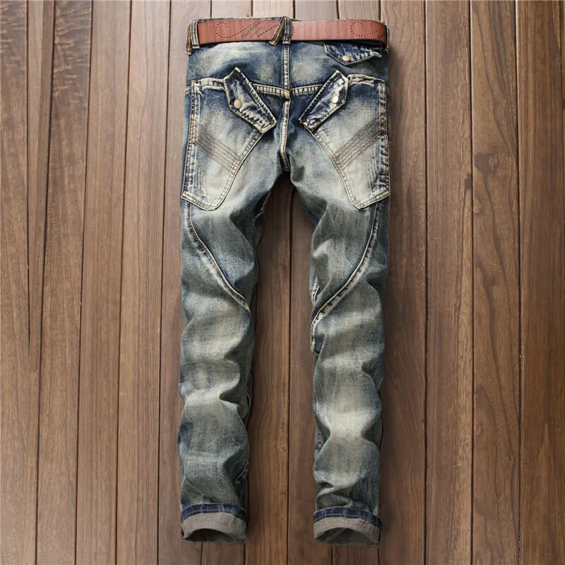Fashion Patchwork Vintage Men's Jeans Mid Waist Straight Pants