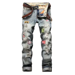 Frayed Men's Ripped Jeans Mid Waist Jeans Basic Straight Pants