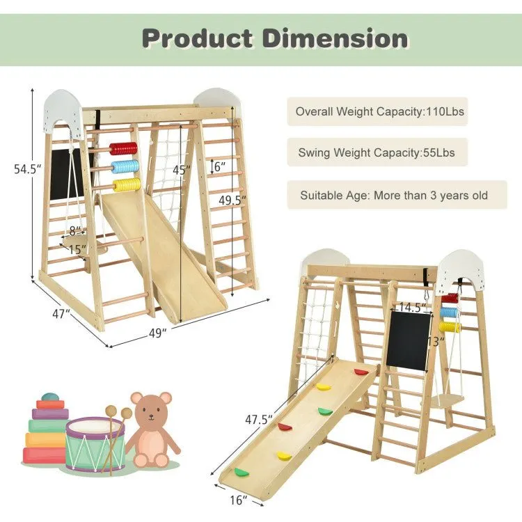Indoor Playground Climbing Gym Wooden 8 in 1 Climber Playset for Children-Natural