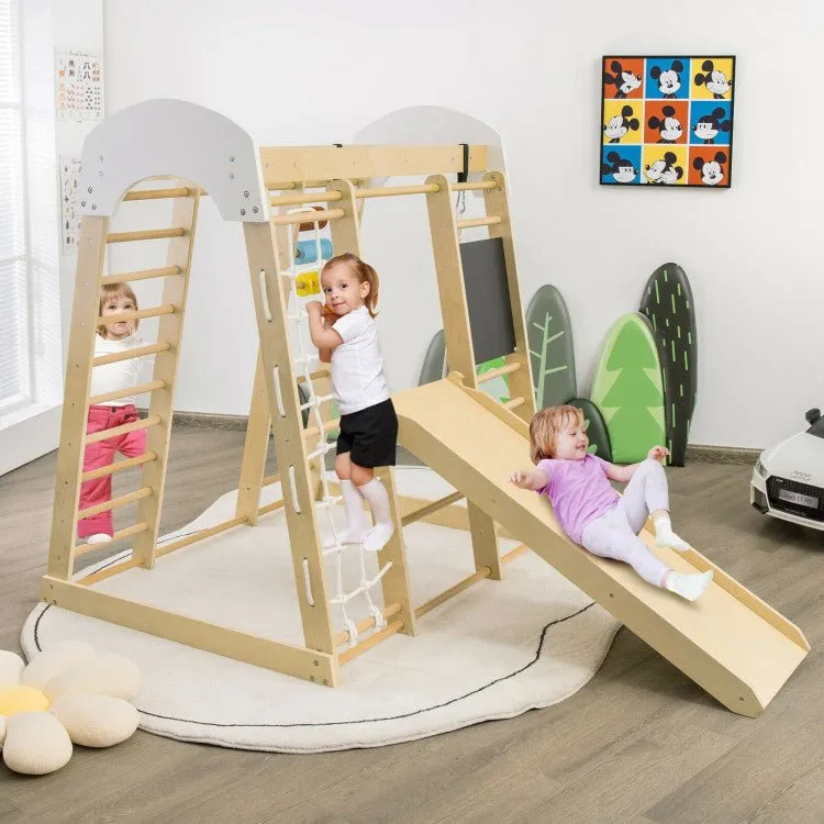 Indoor Playground Climbing Gym Wooden 8 in 1 Climber Playset for Children-Natural