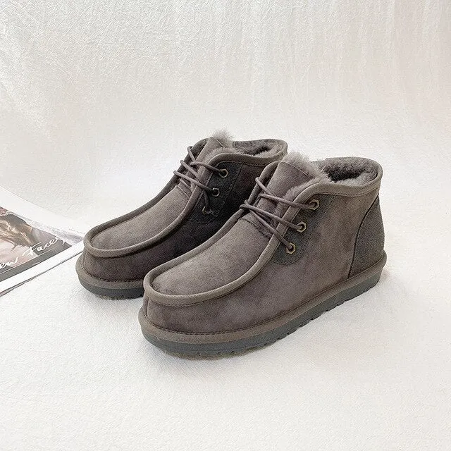 Mens Womens Winter Moccasins Sheepskin Wool One-piece Snow Boots