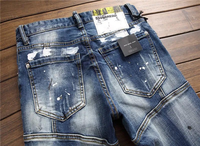 Newest Men's Ripped Patchwork Jeans Mid Waisted Straight Pants