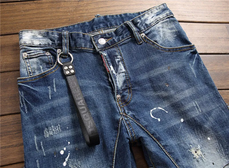 Newest Men's Ripped Patchwork Jeans Mid Waisted Straight Pants