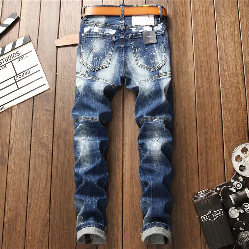 Newest Men's Ripped Patchwork Jeans Mid Waisted Straight Pants