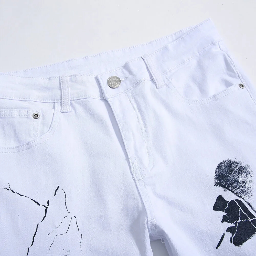 Skinny Printed Men's Jeans Elasticity Mid Waist Jeans Straight Pants