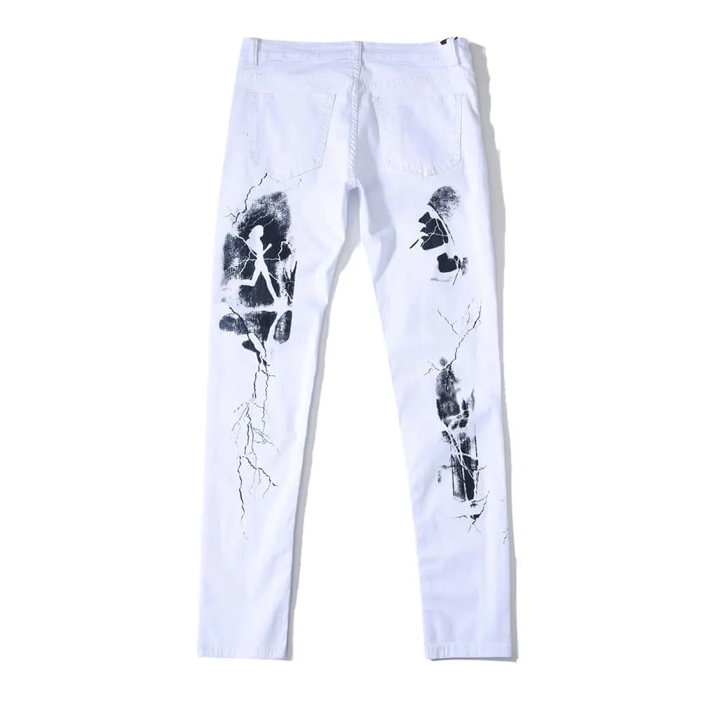 Skinny Printed Men's Jeans Elasticity Mid Waist Jeans Straight Pants