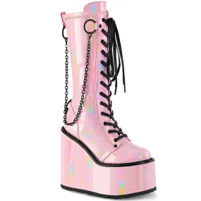 SWING-150 Demonia B Pink Holographic Stretch Patent Women's Mid-Calf & Knee High Boots [Alternative Footwear]