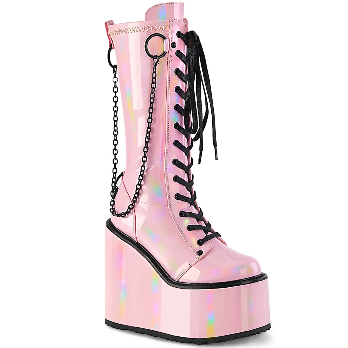 SWING-150 Demonia B Pink Holographic Stretch Patent Women's Mid-Calf & Knee High Boots [Alternative Footwear]