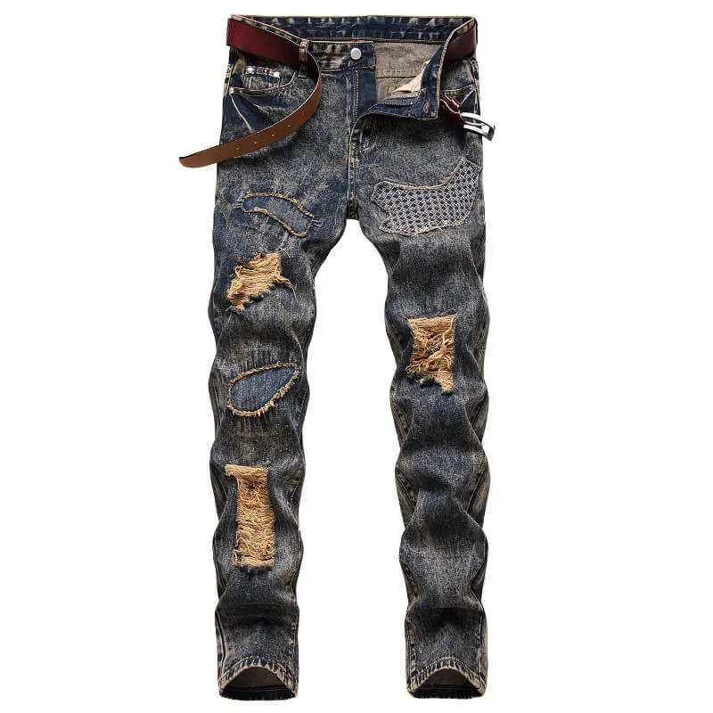 Younger Mid Waist Jeans Men's Ripped Jeans Comfy Straight Pants